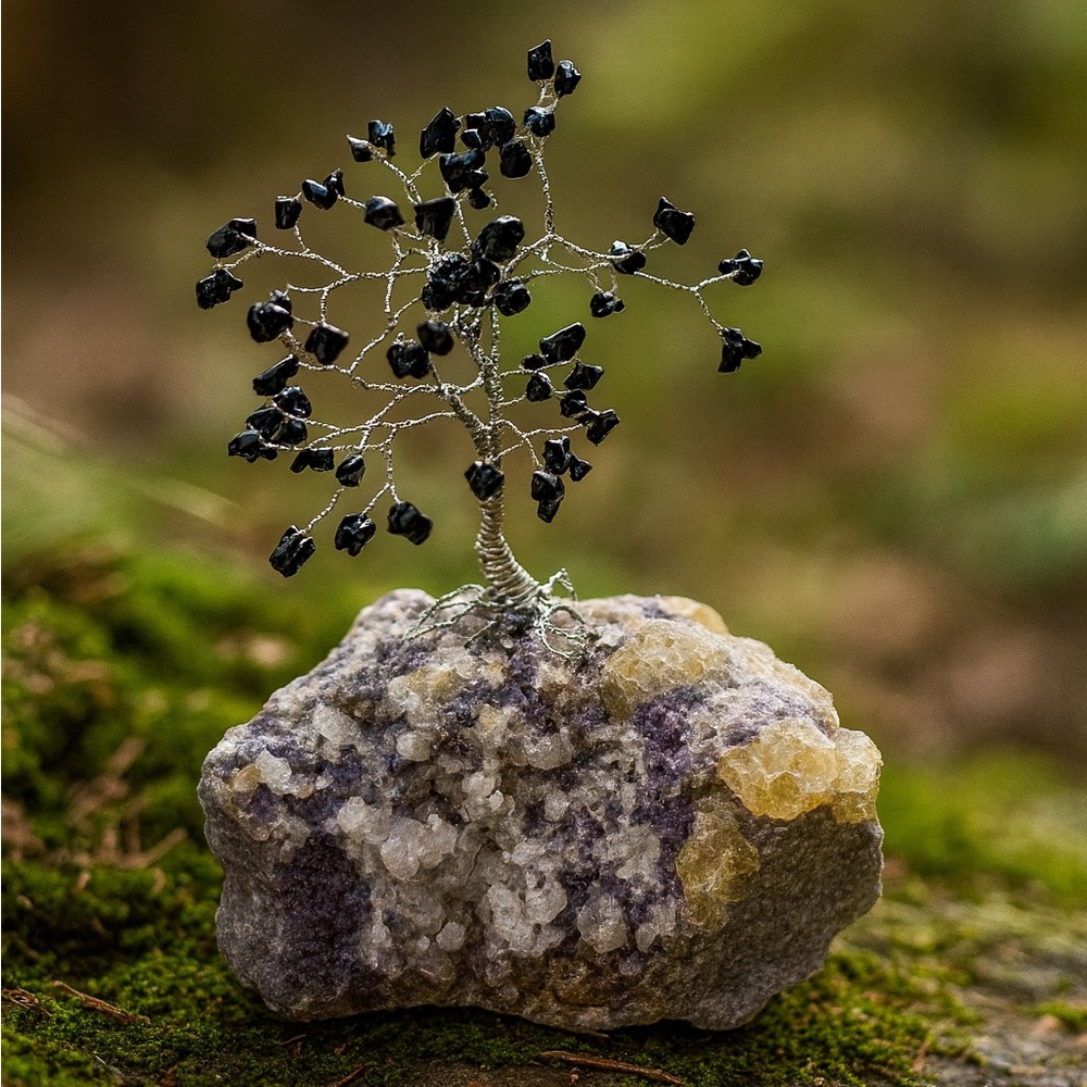 RockHound104: Black Gemstone Wire Tree on Natural Fluorite Cluster Base